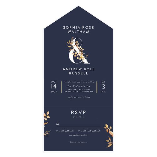 Leafy Ampersand All-in-One Wedding Invitations Moody Blue Signature Light Both Recipient and Return Addresses No