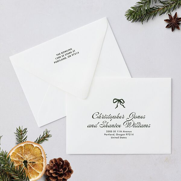 Retro Minimalist Photo Triad Holiday Card Euro Envelopes White Scottish Green Both Recipient and Return Addresses Luxe Signature