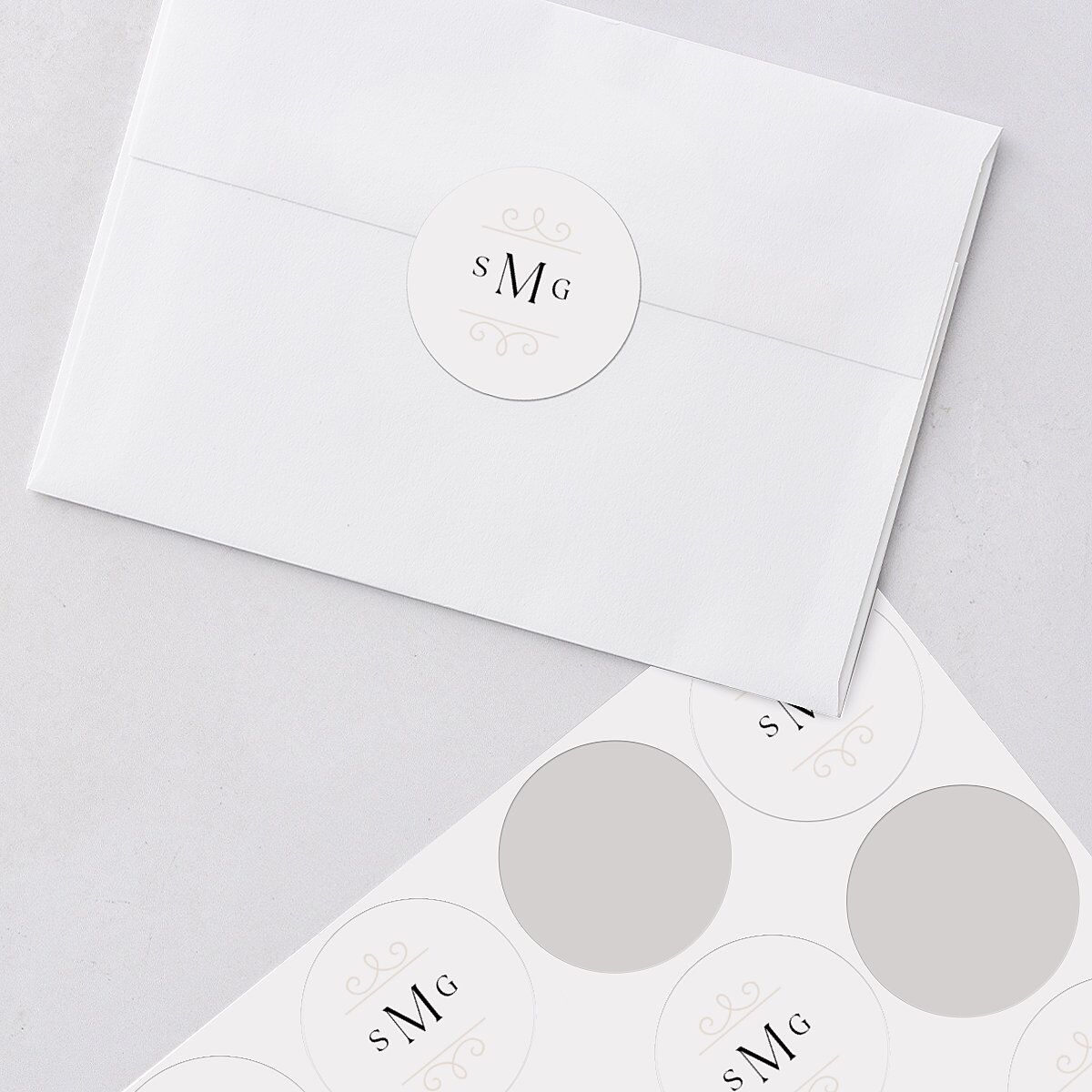 Monogram Flourish Wedding Stickers Pure White Circle