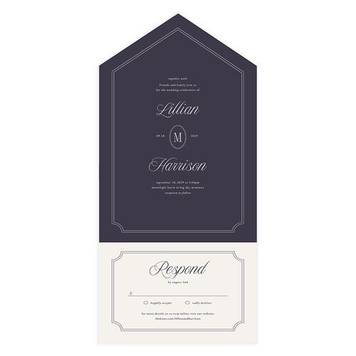 Elegant Oval Monogram All-in-One Wedding Invitations Midnight Navy Signature Light Both Recipient and Return Addresses No