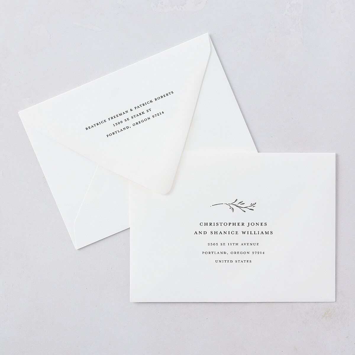Rustic Setting Bridal Shower Invitation Euro Envelopes White Medieval Grey Both Recipient and Return Addresses Luxe Signature