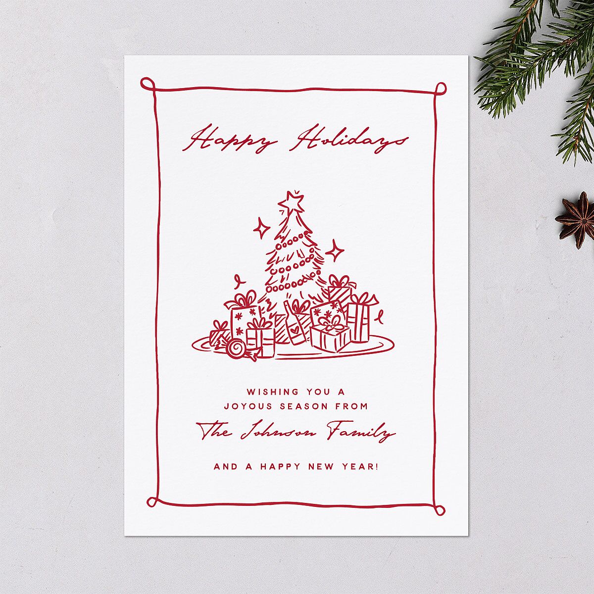 Hand Drawn Christmas Tree Holiday Cards Jewel Red Signature Blank Standard Portrait