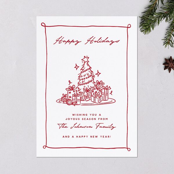 Hand Drawn Christmas Tree Holiday Cards Jewel Red Signature Blank Standard Portrait