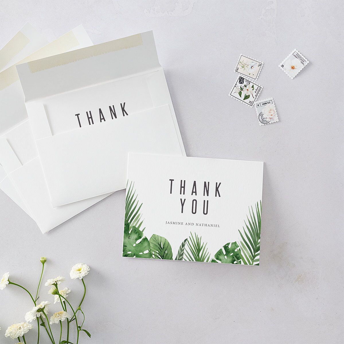 Tropical Leaves Thank You Cards Scottish Green Signature