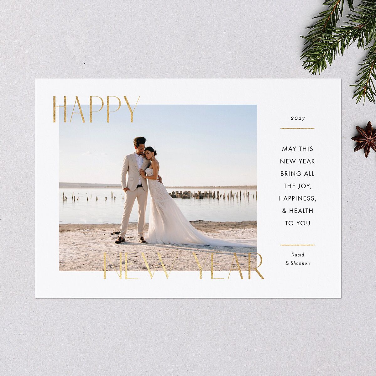 Joyous New Year Holiday Cards Gold Pure White Signature Blank Landscape Standard