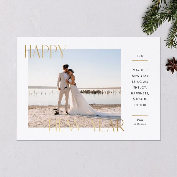 Joyous New Year Holiday Cards Gold Pure White Signature Blank Landscape Standard