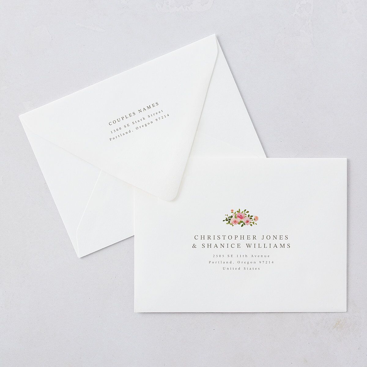 Watercolor Floral Crest Wedding Invitation Euro Envelopes Shell Pink White Both Recipient and Return Addresses Luxe Signature