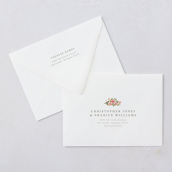 Watercolor Floral Crest Wedding Invitation Euro Envelopes Shell Pink White Both Recipient and Return Addresses Luxe Signature