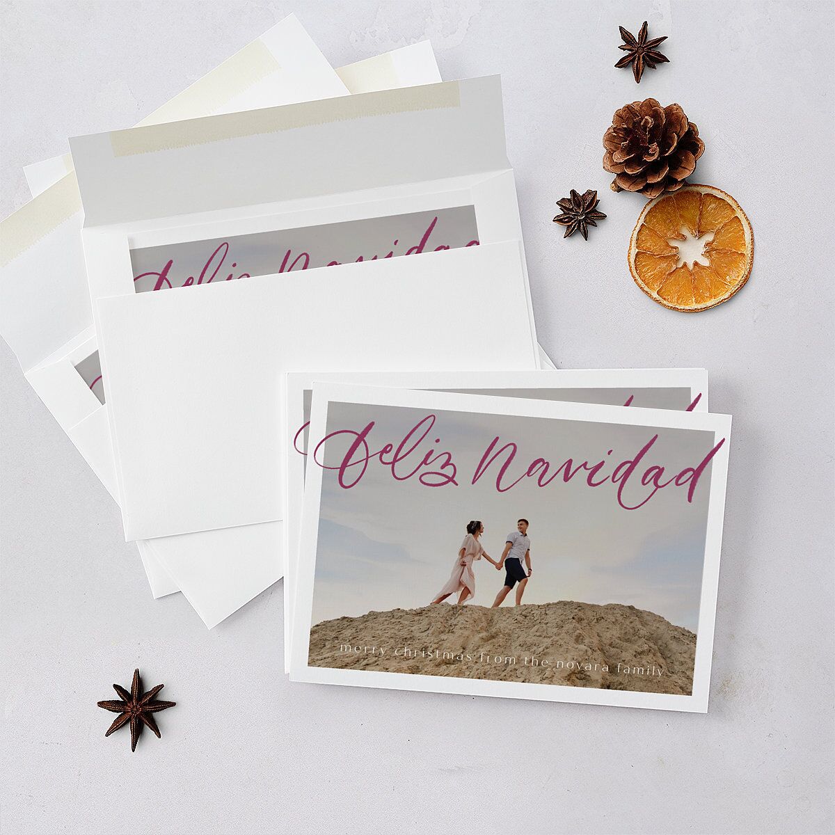 Scripted Feliz Navidad Holiday Cards Raspberry Signature Blank Standard Landscape