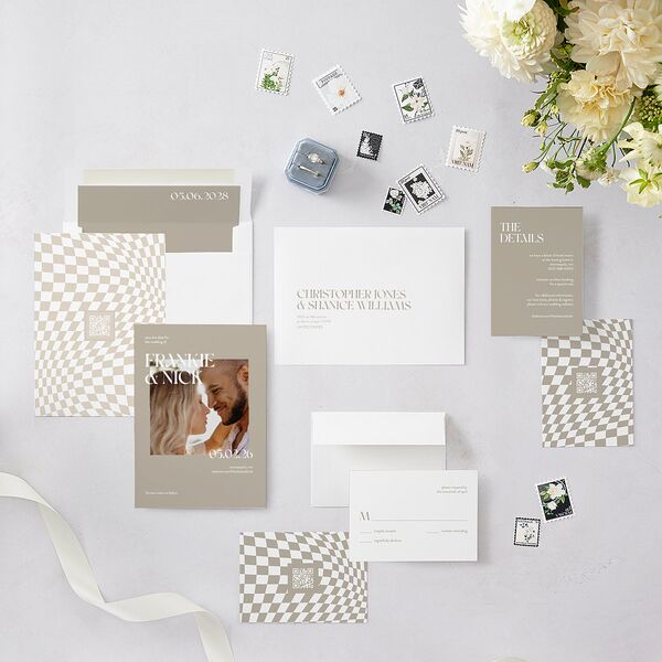 Checked Save the Date Cards Taupe Signature smooth Blank No Standard