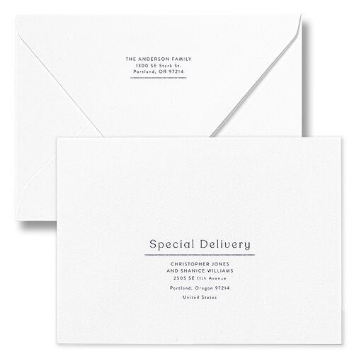 Merry and Bright Plus One Plaid Pattern Holiday Card Euro Envelopes White Navy Both Recipient and Return Addresses Luxe Signature