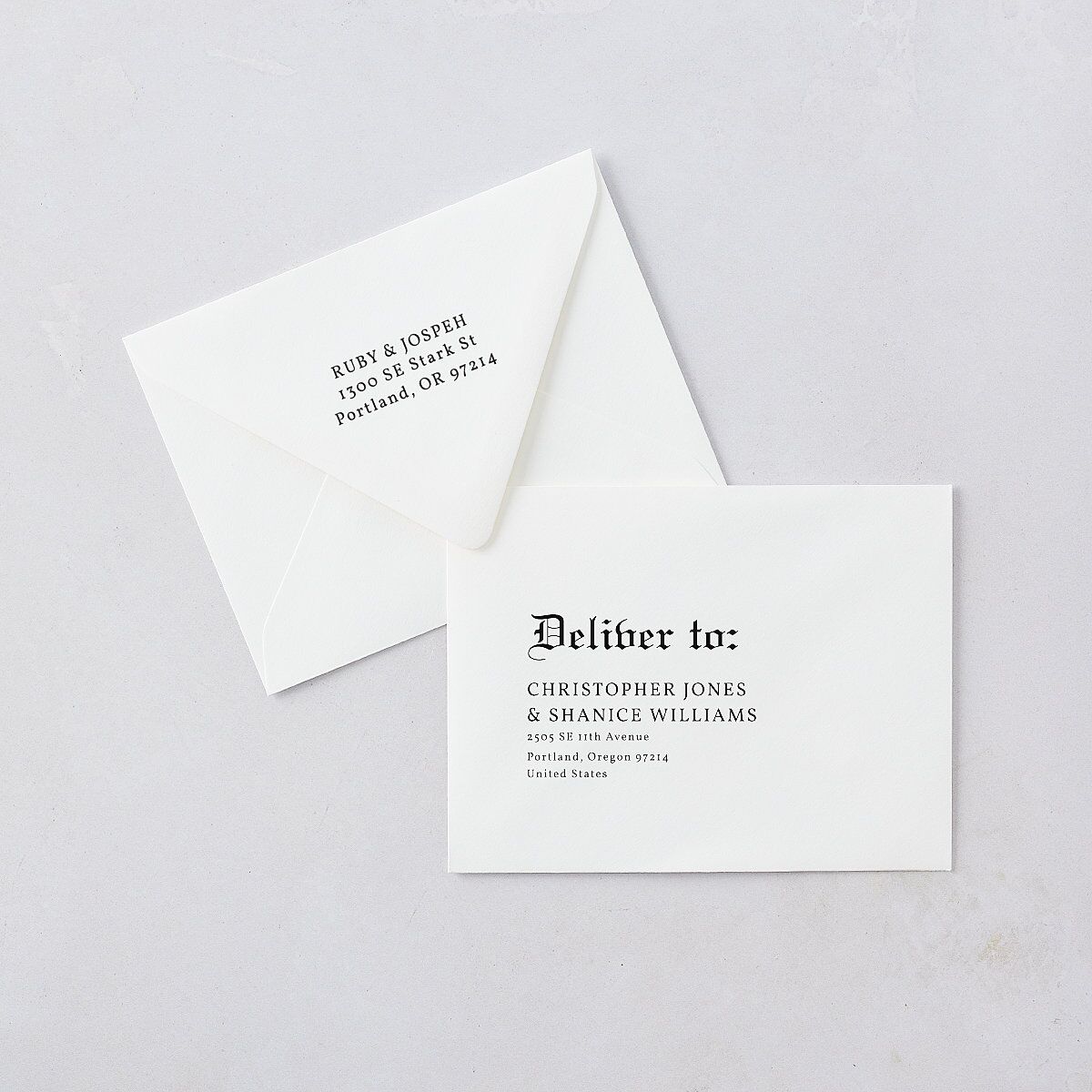 Minimalist Gothic Photo Save the Date Magnet Euro Envelopes White Ivory Both Recipient and Return Addresses Luxe Signature