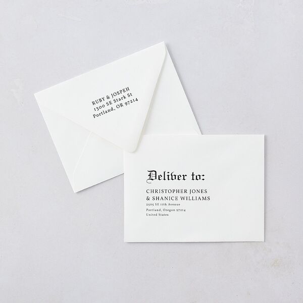 Minimalist Gothic Photo Save the Date Magnet Euro Envelopes White Ivory Both Recipient and Return Addresses Luxe Signature