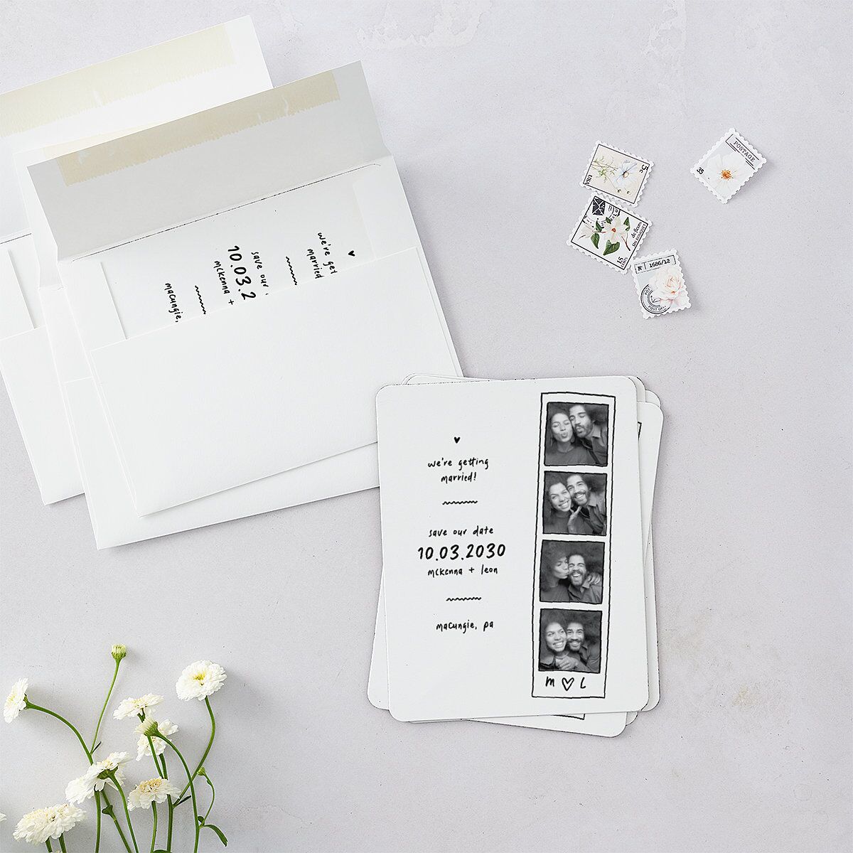 Hand Drawn Photo Strip Save The Date Magnets Pure White Magnet Paper