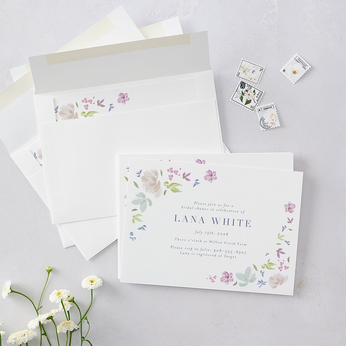 Floral Appliqué Bridal Shower Invitations Sheer Lilac Signature Blank