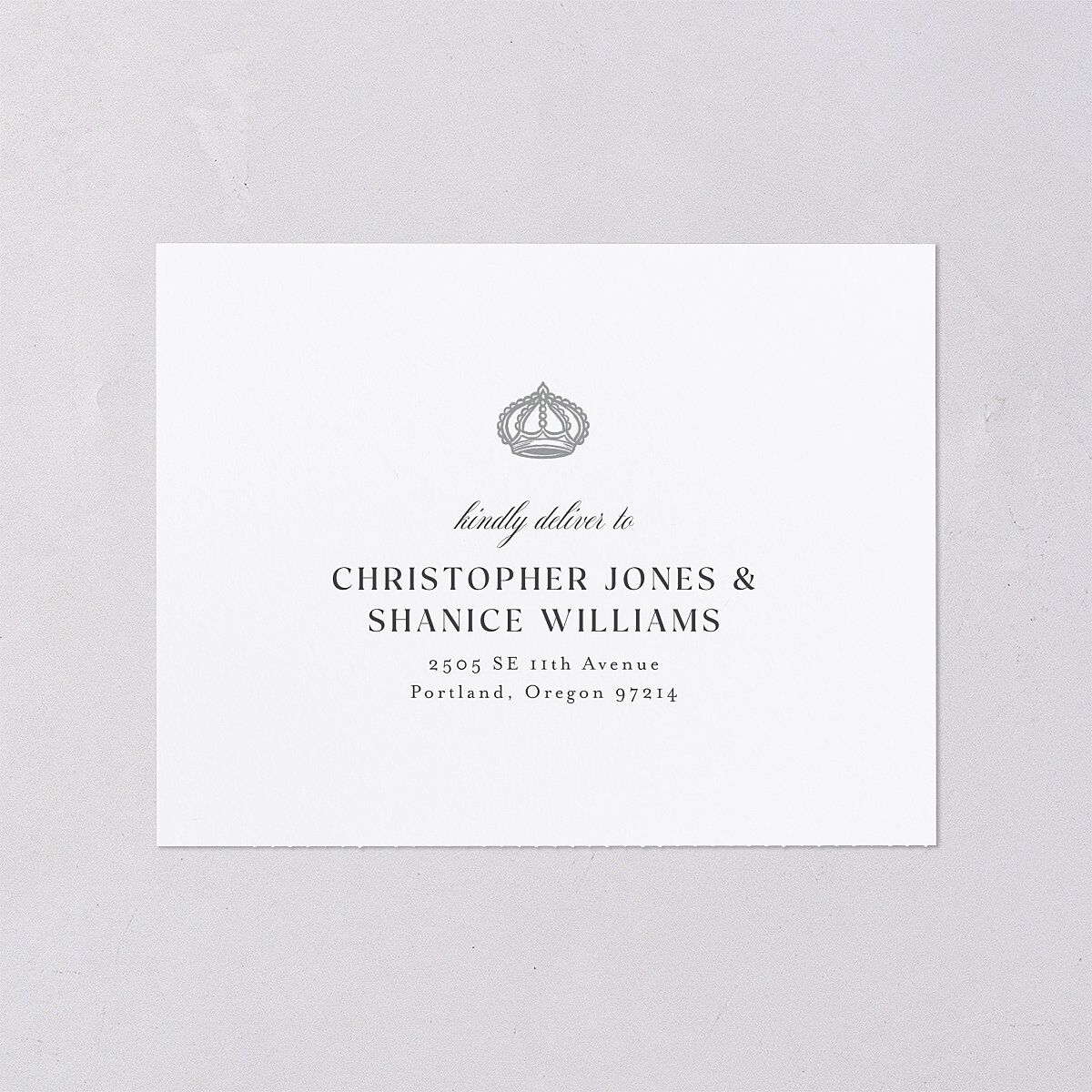 Glamorous Crown Monogram Crest All-in-One Wedding Invitations by Bridgerton Pure White Signature Light Both Recipient and Return Addresses No