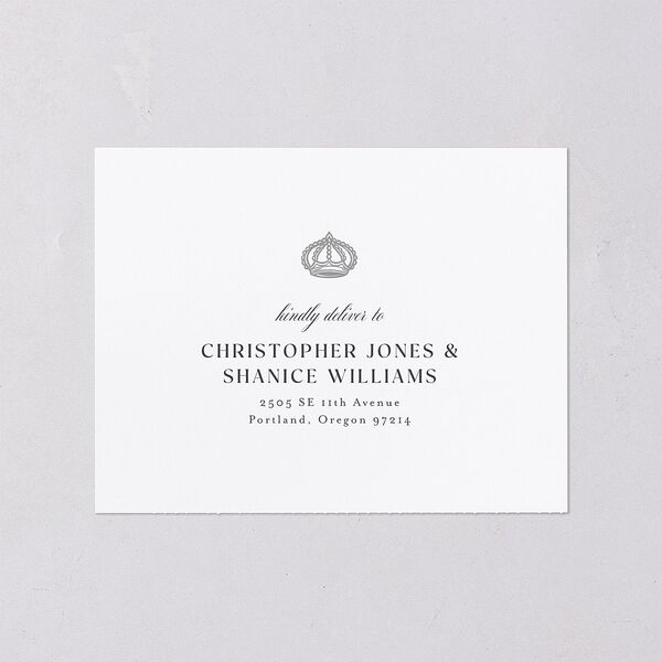 Glamorous Crown Monogram Crest All-in-One Wedding Invitations by Bridgerton Pure White Signature Light Both Recipient and Return Addresses No