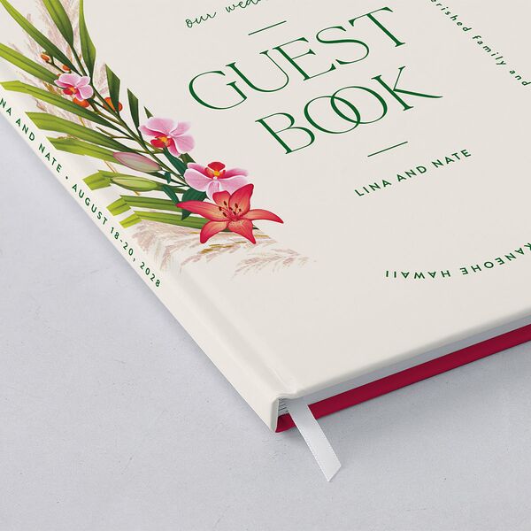Hawaiian Tropical Orchid Oval Wedding Guest Book Crimson