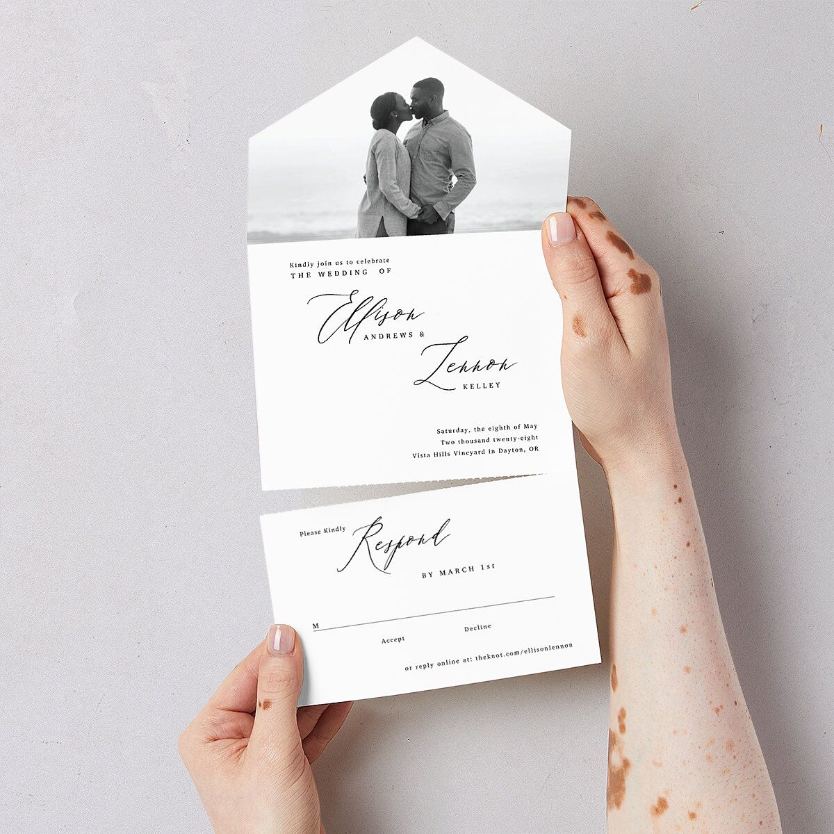 Minimal Calligraphy All-in-One Wedding Invitations Midnight Signature Light Both Recipient and Return Addresses