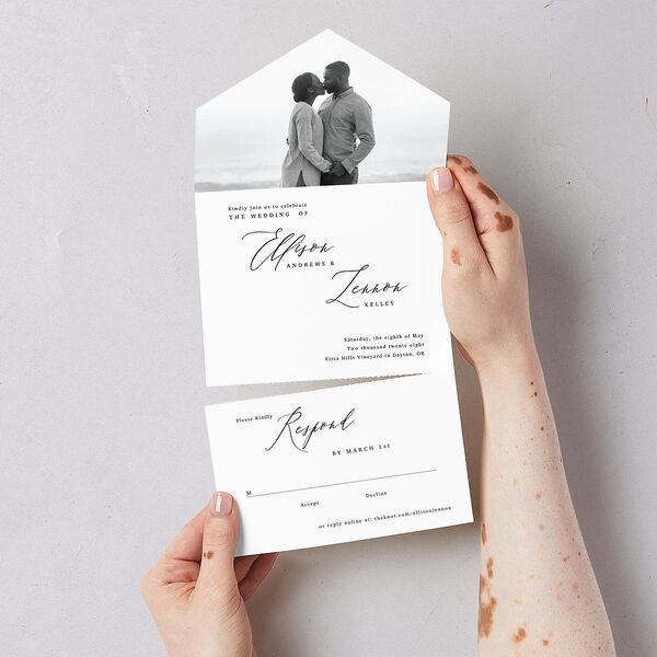 Minimal Calligraphy All-in-One Wedding Invitations Midnight Signature Light Both Recipient and Return Addresses
