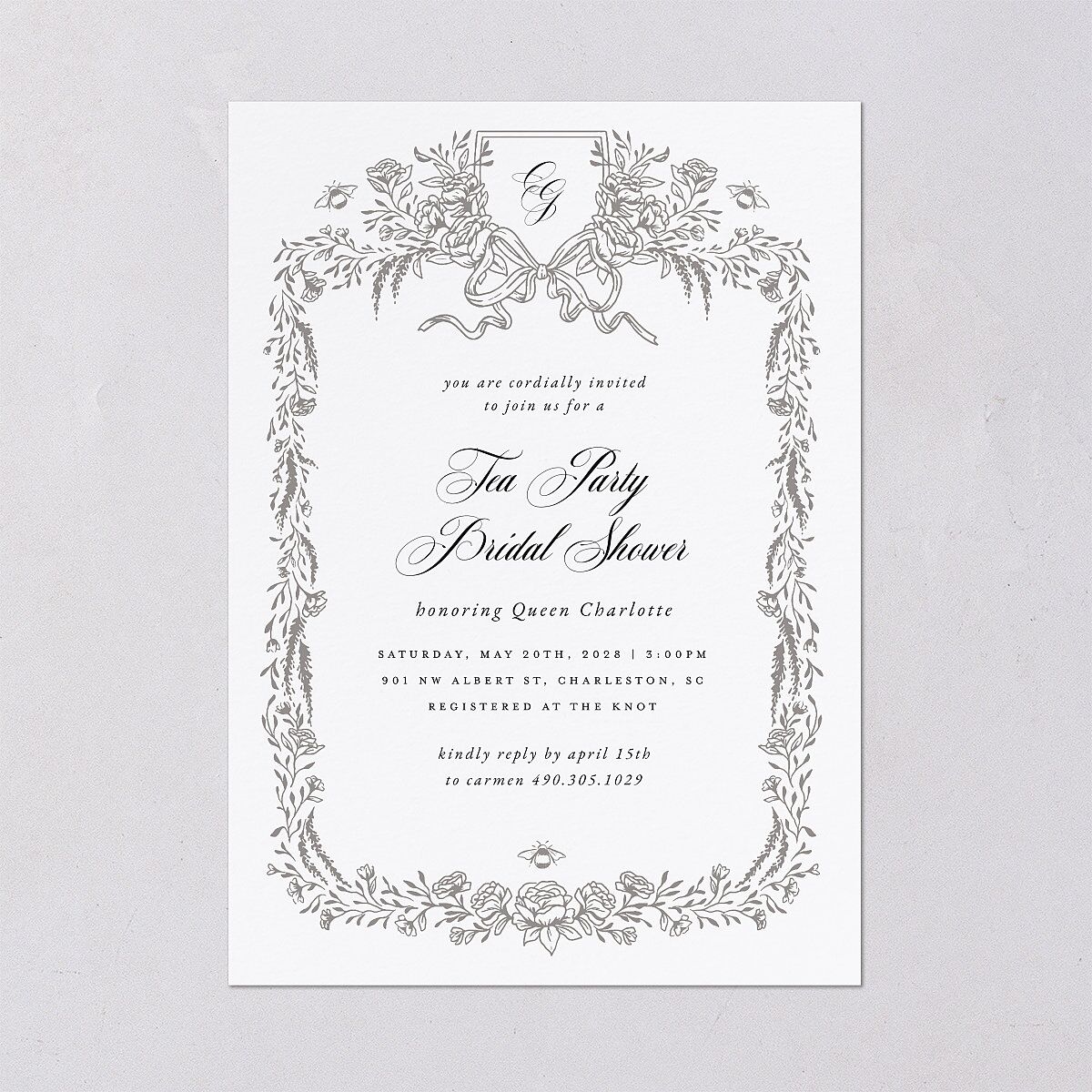 Rose Garden Crest Bridal Shower Invitations by Bridgerton Pure White Signature Blank Standard