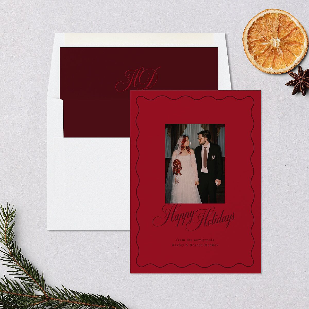 Holiday Eclectic Wavy Frame Holiday Cards Ruby Portrait Signature Blank Standard