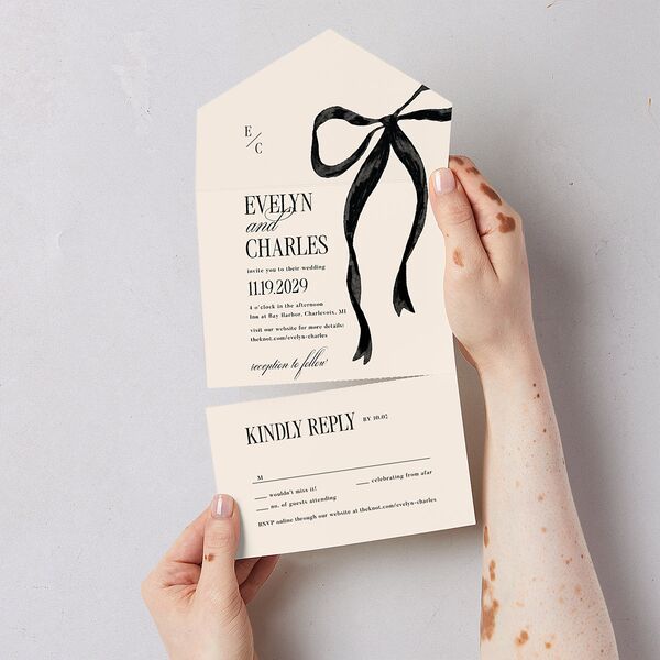 Whimsical Hand Drawn Bow All-in-One Wedding Invitations Linen Signature Light Both Recipient and Return Addresses No