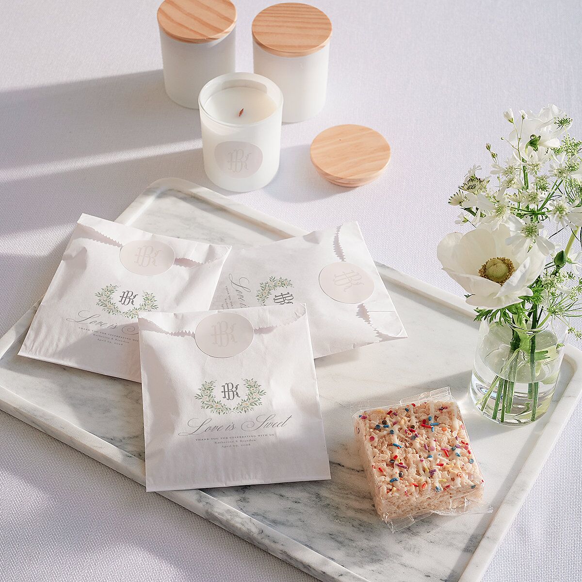 Luxury Floral Monogram Wedding Day Paper Favor Bags Cotton White Wax-Lined Food Safe Paper