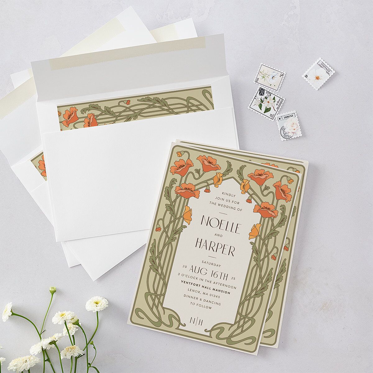 Vintage Nouveau Floral Wedding Invitations Pear Signature Blank No Standard