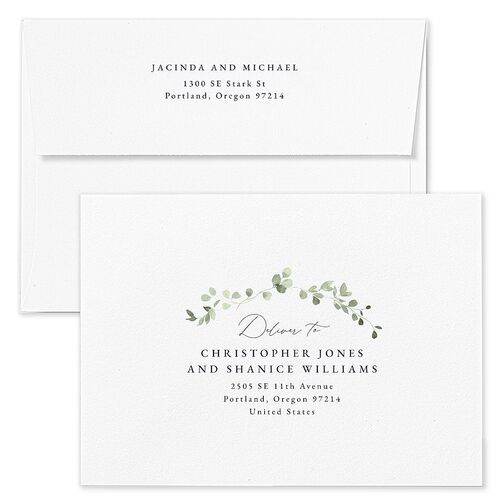 Fairytale Eucalyptus Wedding Invitation Envelopes White Navy Both Recipient and Return Addresses Standard Signature