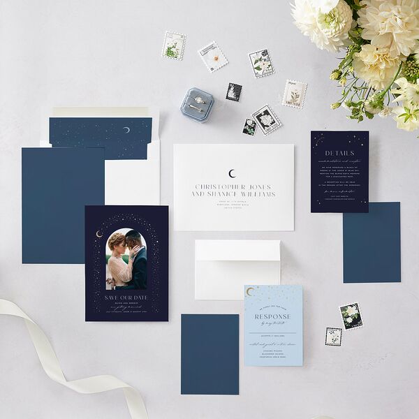 Celestial Arch Save The Date Cards Gold Navy Signature smooth Blank No Standard