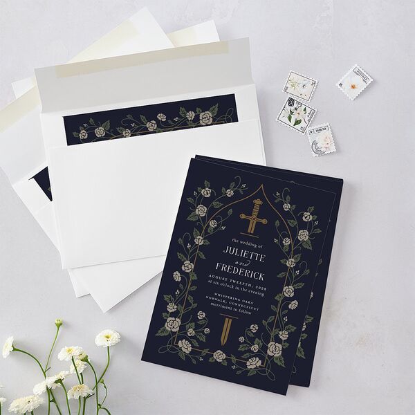 Sword and Roses Fantasy Garden Wedding Invitations Dark Navy Signature Blank No Standard