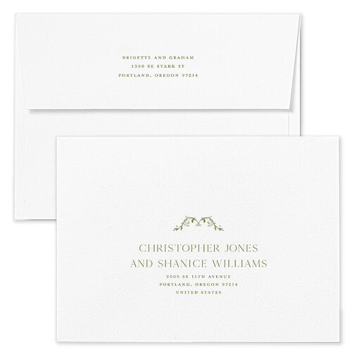 Vintage Ornate Frame Wedding Invitation Envelopes Terracotta Olive Return Address Standard Signature