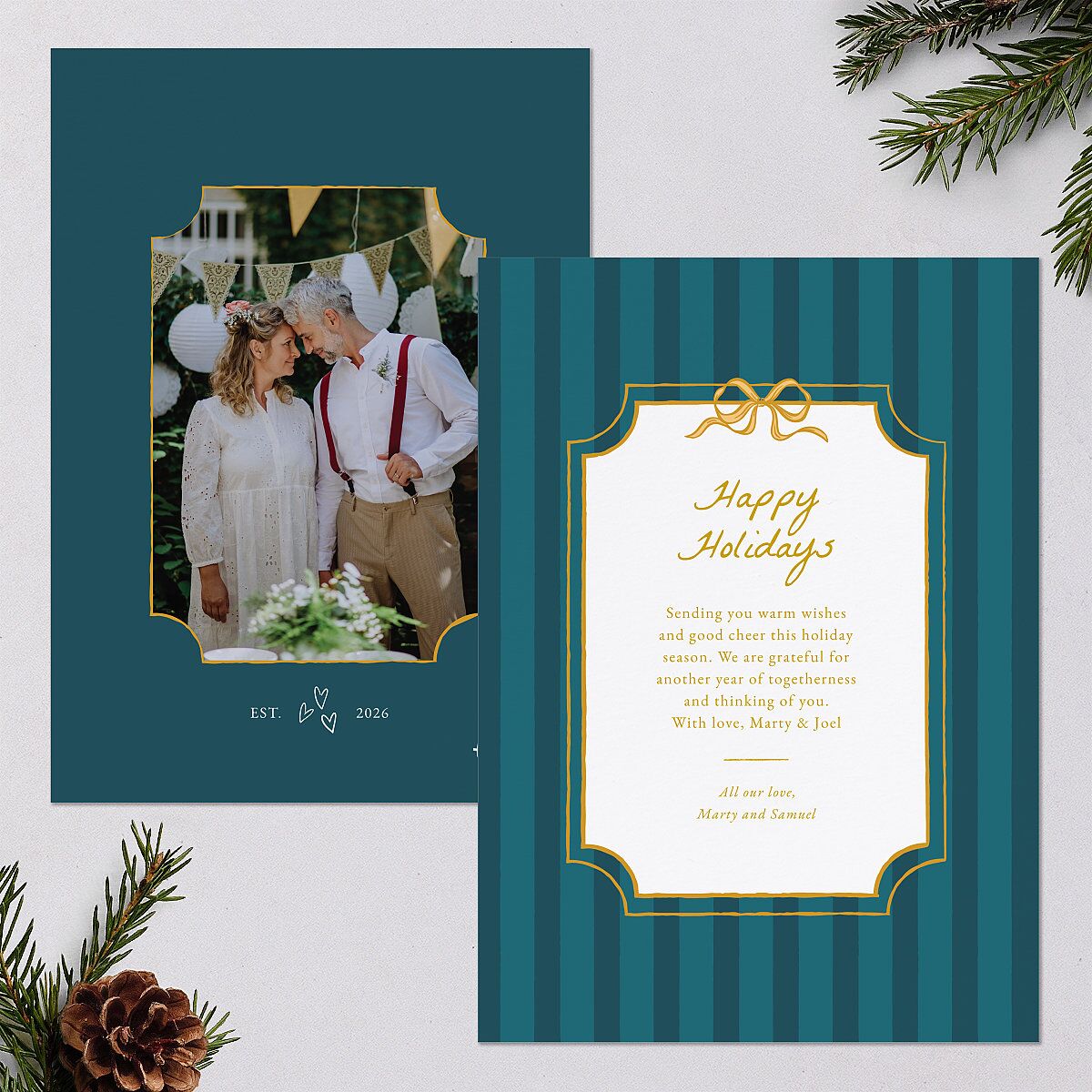 Vintage Bow Frame Holiday Cards Deep Lake Signature Blank Portrait Standard