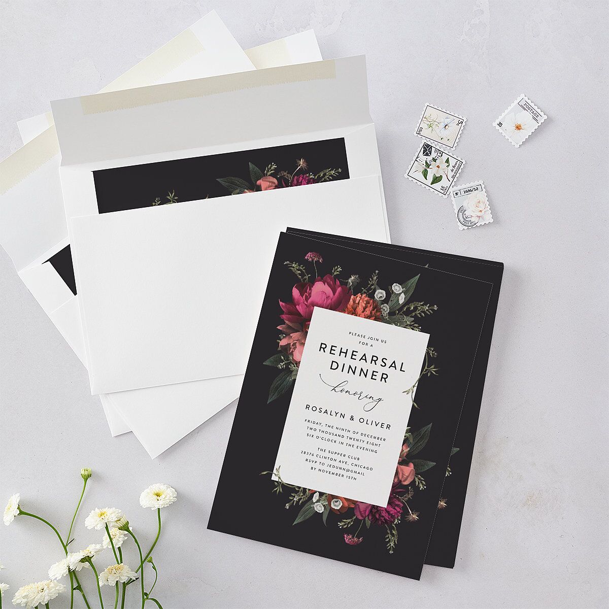 Blooming Botanical Rehearsal Dinner Invitations Midnight Signature Blank Standard