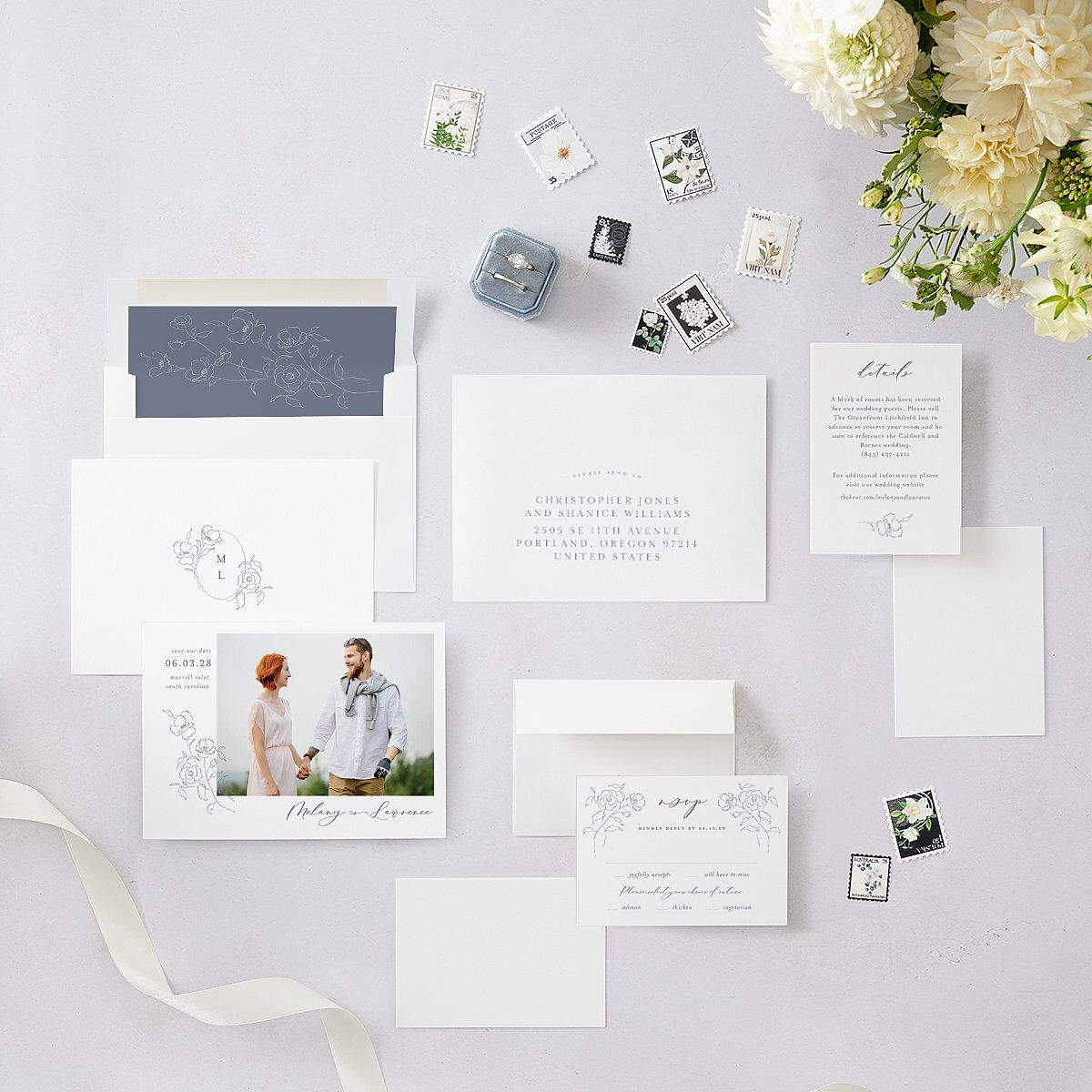 Floral Adornment Save The Date Cards Dusty Blue Signature smooth Blank No Standard