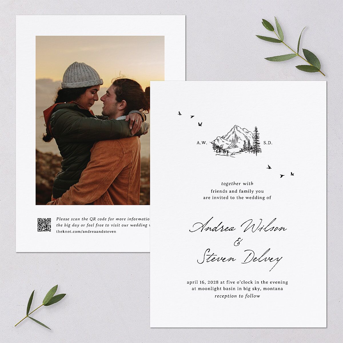 Elegant Mountain Monogram Wedding Invitations Pure White Signature Blank Standard