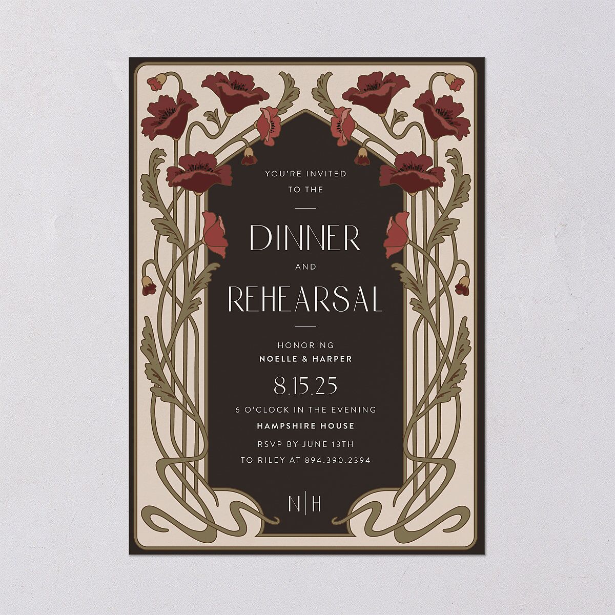 Vintage Nouveau Floral Rehearsal Dinner Invitations Merlot Signature Blank Standard