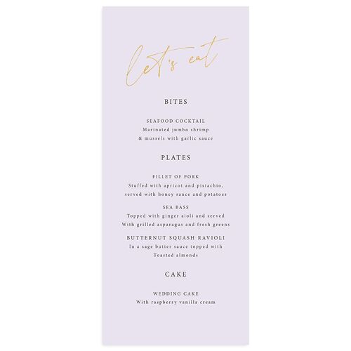 Just Love Menus Gold Sheer Lilac Signature