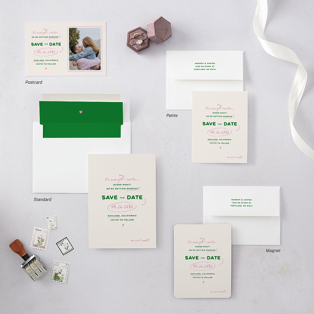 Whimsically Retro Handwritten Note Save the Date Petite Cards Kelly Green Signature smooth Blank No Standard