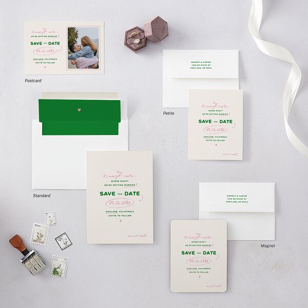 Whimsically Retro Handwritten Note Save the Date Petite Cards Kelly Green Signature smooth Blank No Standard