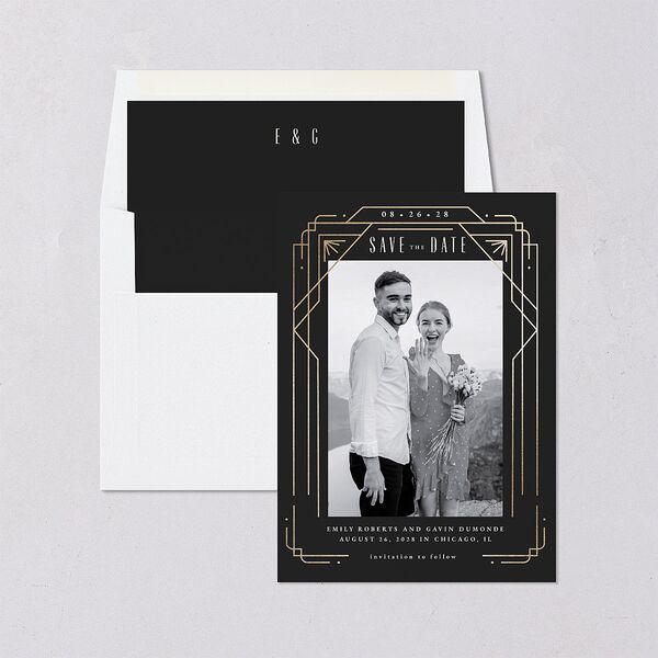 Vintage Deco Save The Date Cards Gold Charcoal Signature smooth Blank No Standard