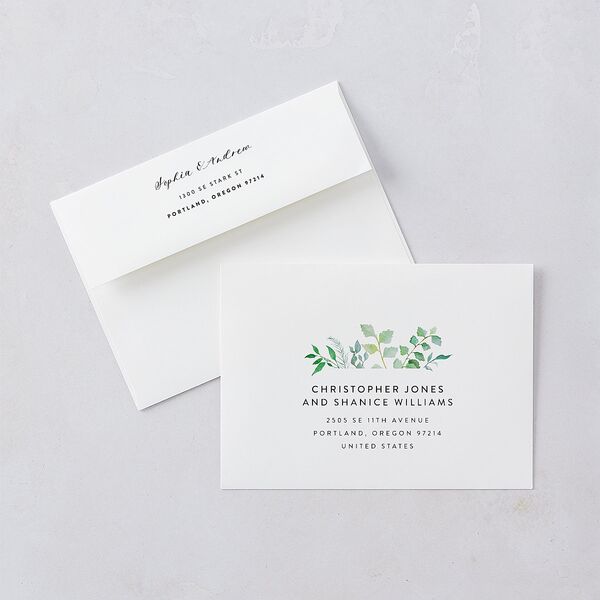 Leafy Ampersand Bridal Shower Invitation Envelopes White Eucalyptus Both Recipient and Return Addresses Signature Standard