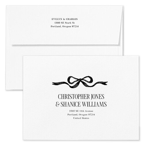 Whimsical Hand Drawn Bow Wedding Invitation Envelopes White Linen Both Recipient and Return Addresses Standard Signature
