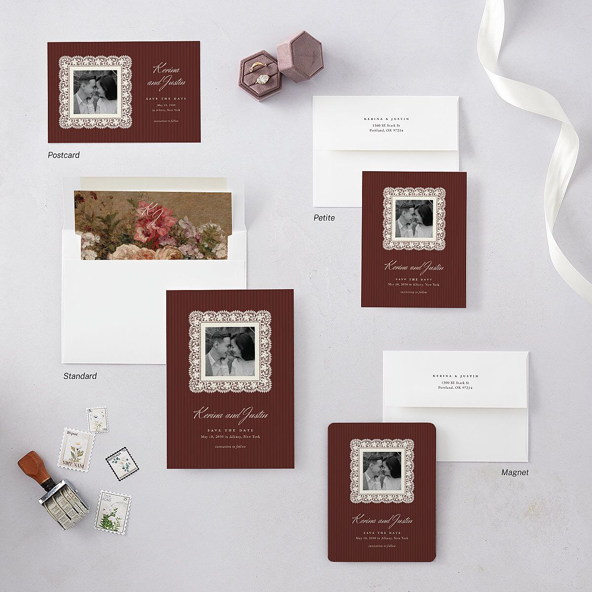 Vintage Lace Save The Date Magnets Burgundy Magnet Paper