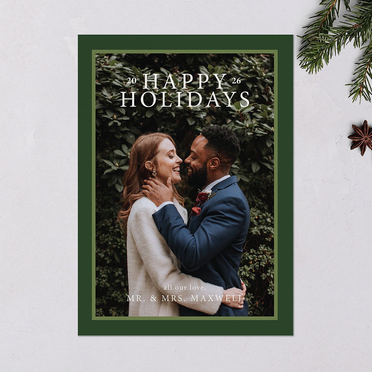 Simple Frame Photo Accent Holiday Cards Hunter Green Signature Blank Standard