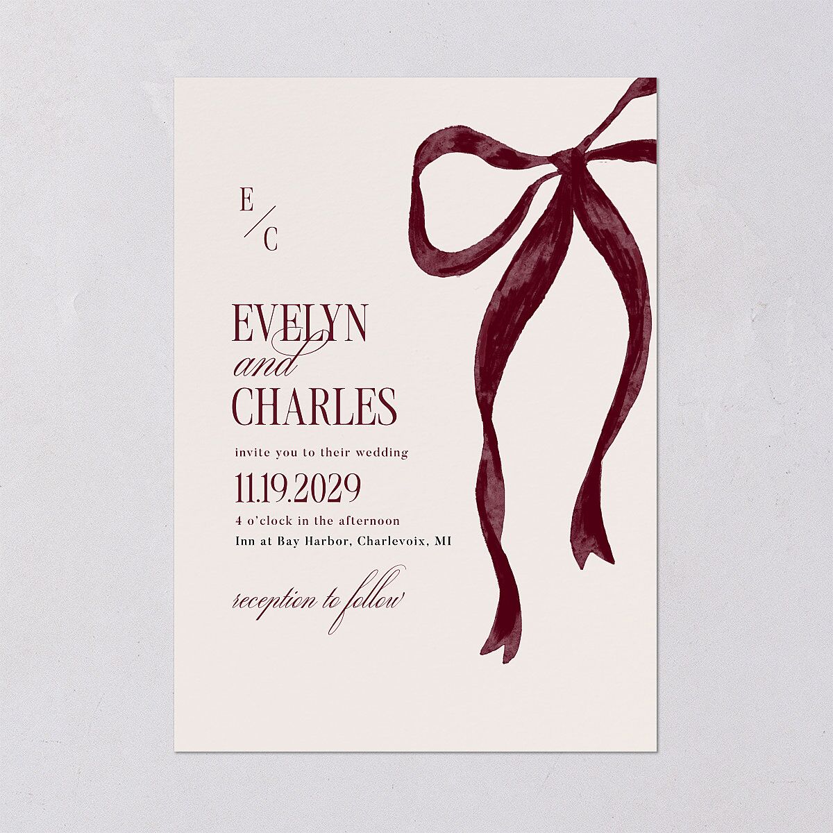 Whimsical Hand Drawn Bow Wedding Invitations Burgundy Signature Blank No Standard