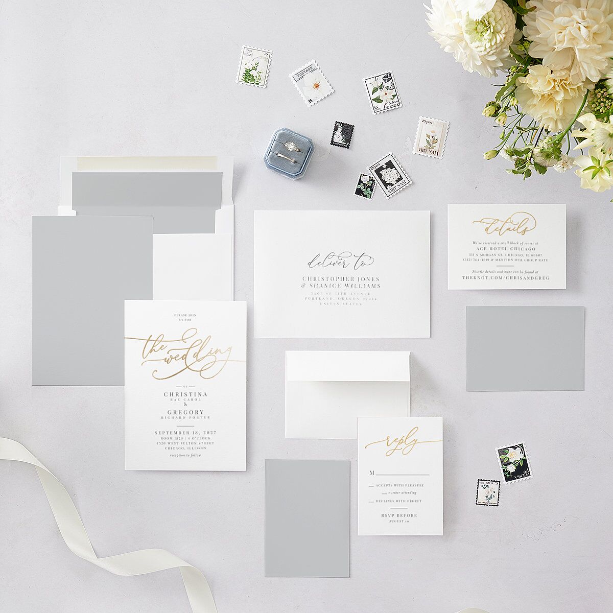 Romantic Calligraphy Foil Wedding Invitations Gold Silver Signature Blank No Standard