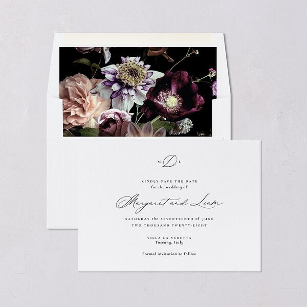 Black Tie Initial Save The Date Cards Pure White Signature smooth Blank No Standard