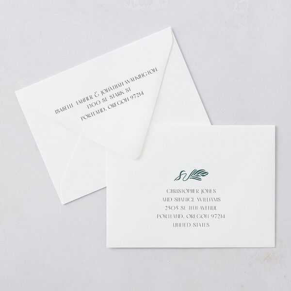 Elegant Nouveau Save The Date Card Euro Envelopes White Dark Emerald Both Recipient and Return Addresses Luxe Signature